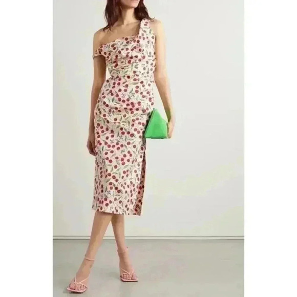Carolina Herrera Cherry Print Off Shoulder Midi Dress 6 S Drape Designer Runway - Picture 2 of 16